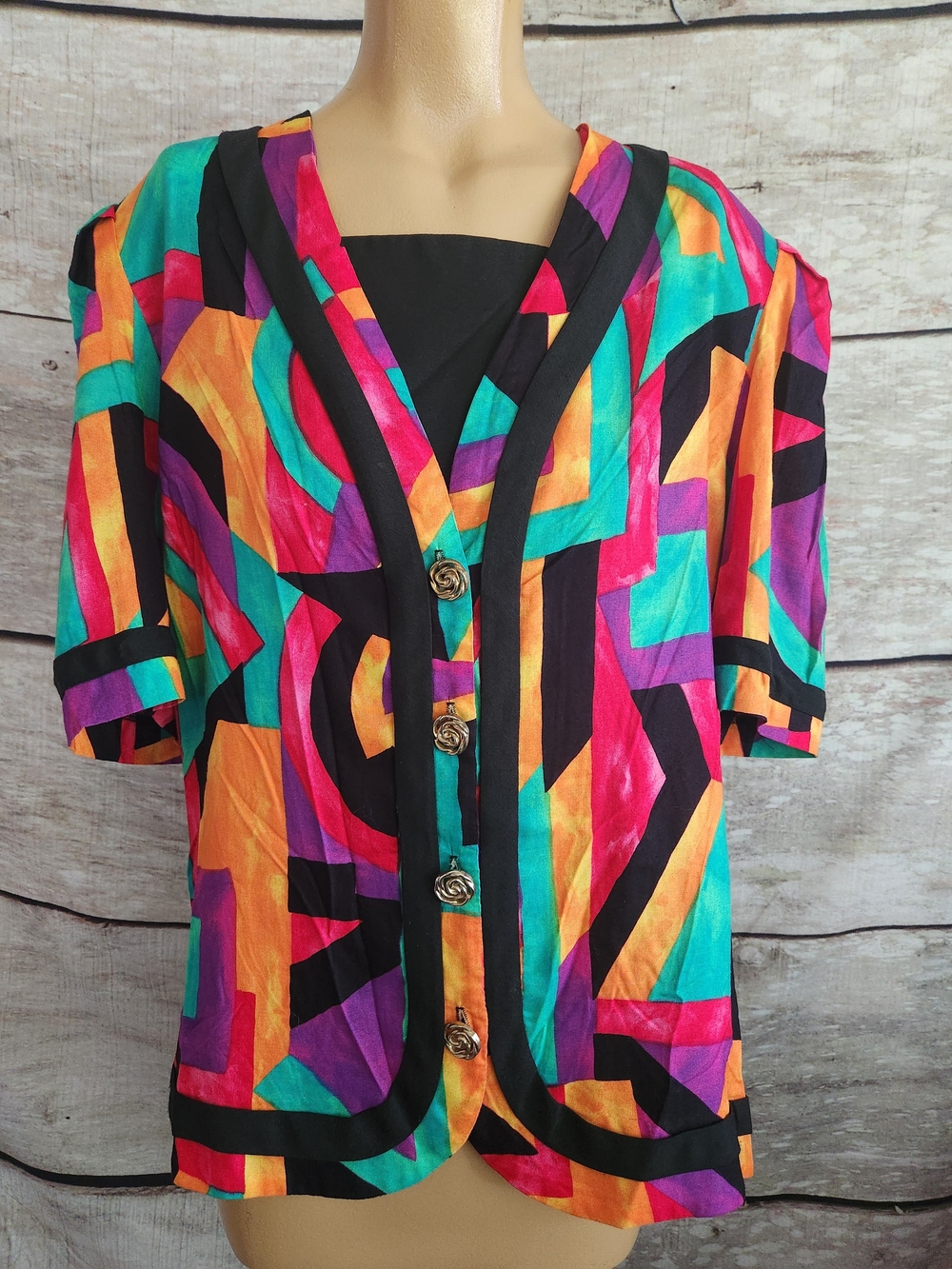 Vibrant Multicolor Retro Geometric Short Sleeve Blouse